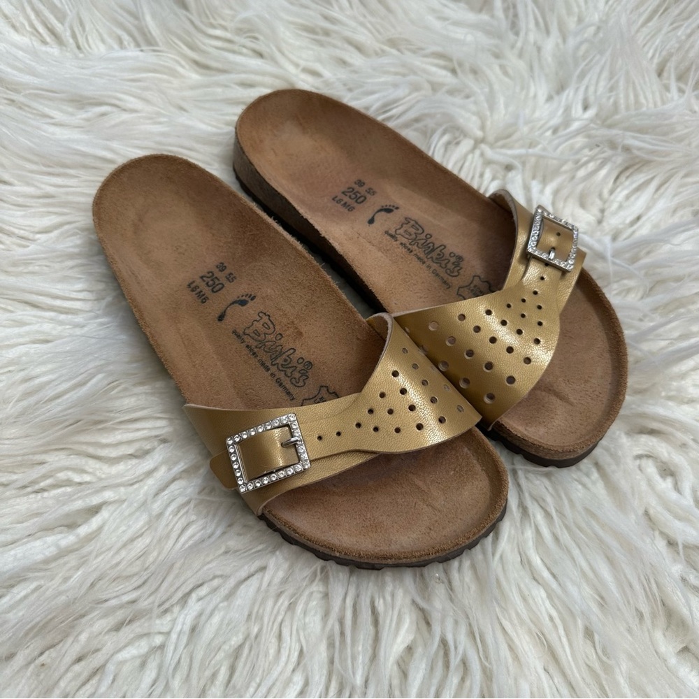 Birkenstock Birkis Sandals Mallorca Gold Slides Rhinestone Buckle ladies 39